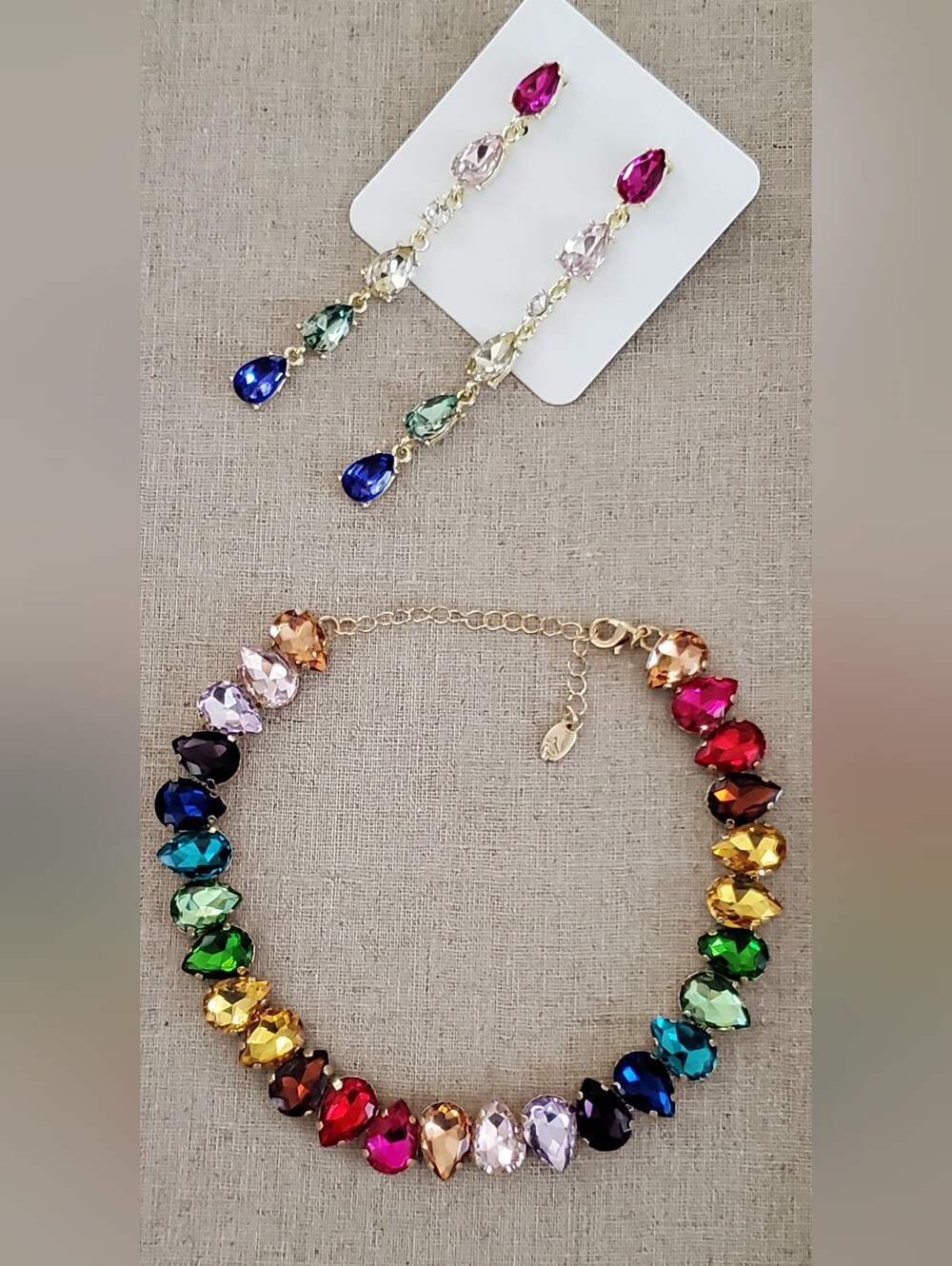 Multicolor Rhinestone Necklace & Earring Set Gold Jewel Tone Rainbow Statement
